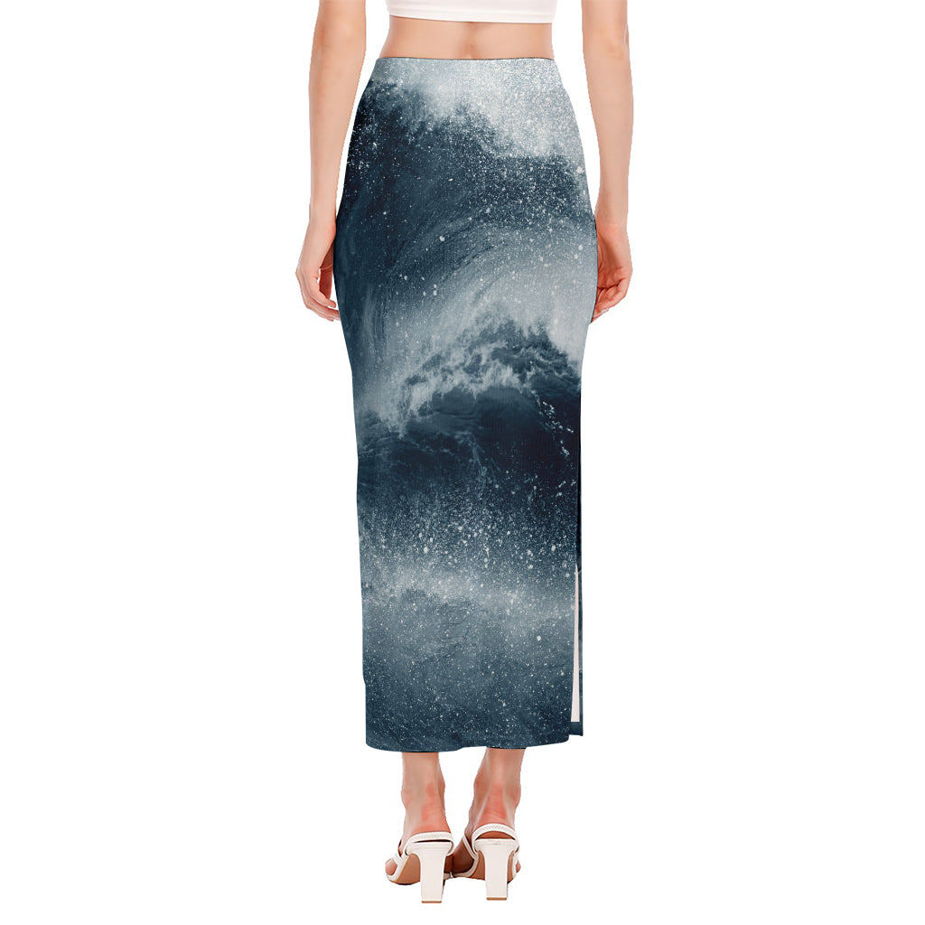Ocean Wave Print Side Slit Maxi Skirt