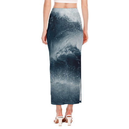 Ocean Wave Print Side Slit Maxi Skirt