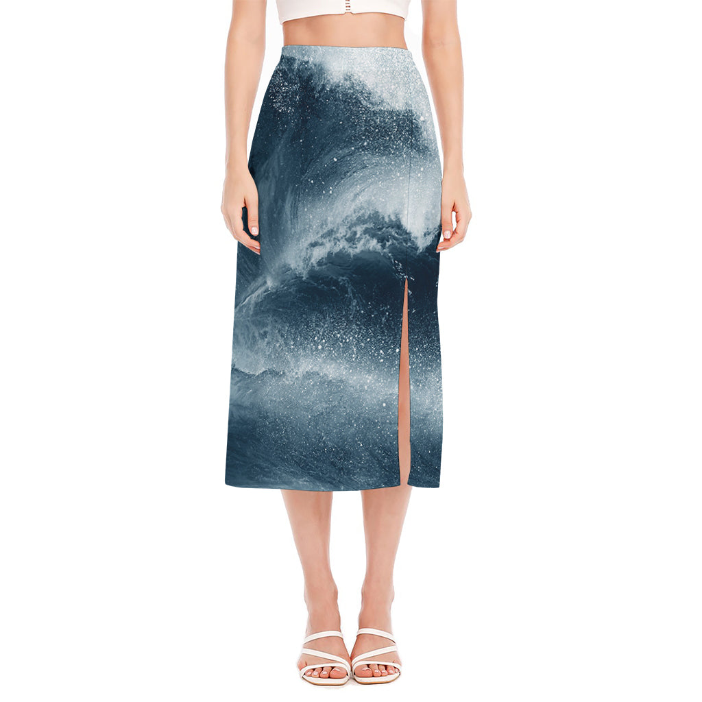 Ocean Wave Print Side Slit Midi Skirt