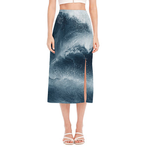 Ocean Wave Print Side Slit Midi Skirt