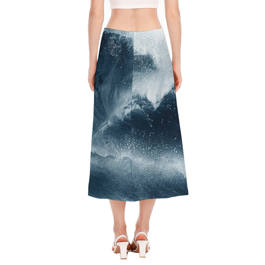 Ocean Wave Print Side Slit Midi Skirt