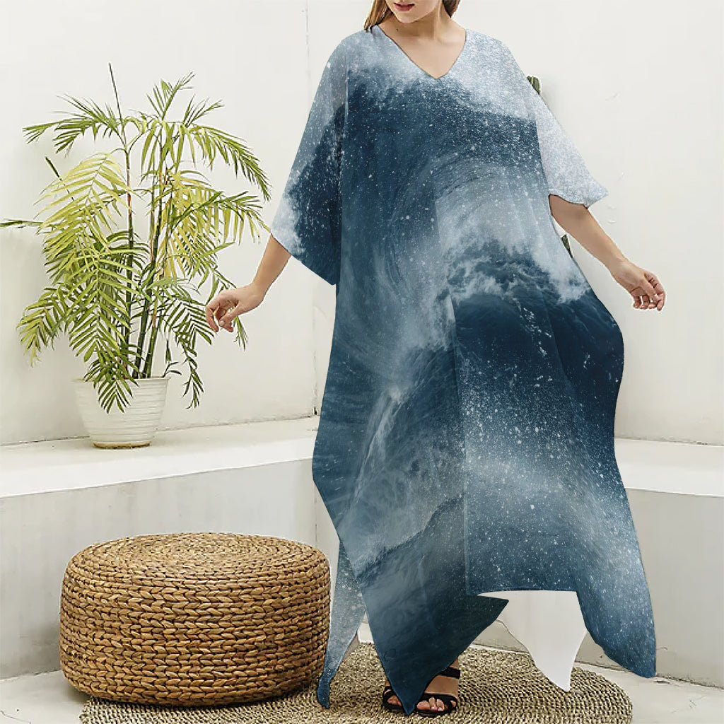 Ocean Wave Print Silk V-Neck Kaftan Dress