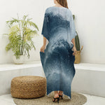 Ocean Wave Print Silk V-Neck Kaftan Dress