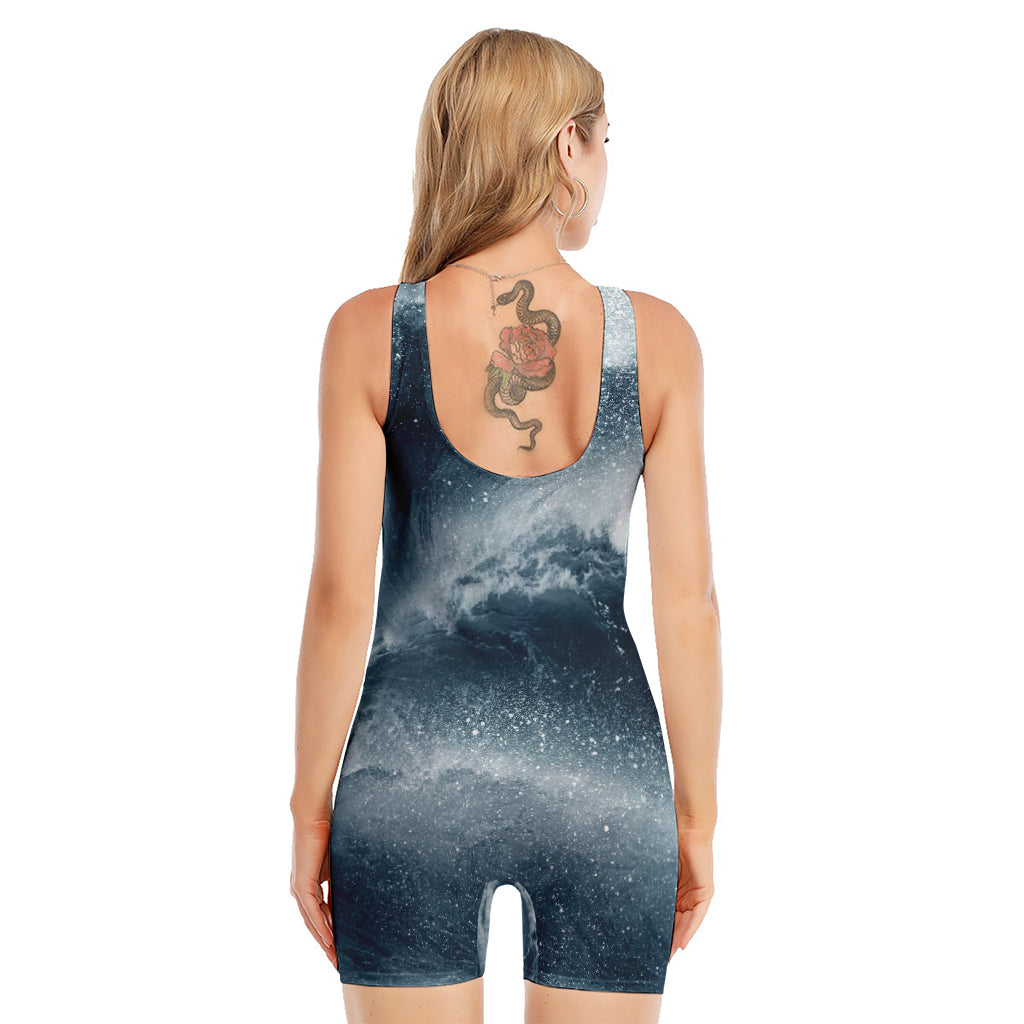 Ocean Wave Print Sleeveless One Piece Swimsuit