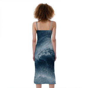 Ocean Wave Print Slim Fit Midi Cami Dress