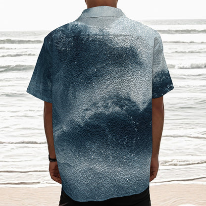 Ocean Wave Print Textured Short Sleeve Shirt