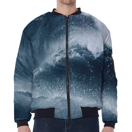 Ocean Wave Print Zip Sleeve Bomber Jacket