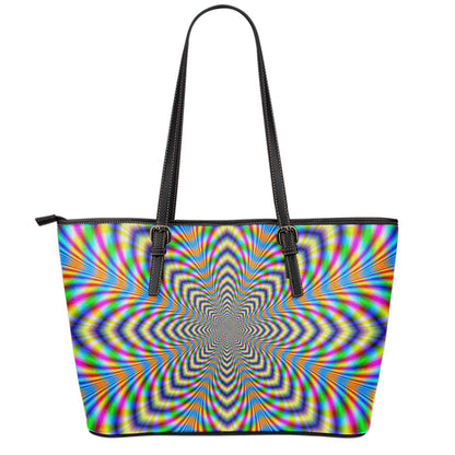 Octagonal Psychedelic Optical Illusion Leather Tote Bag