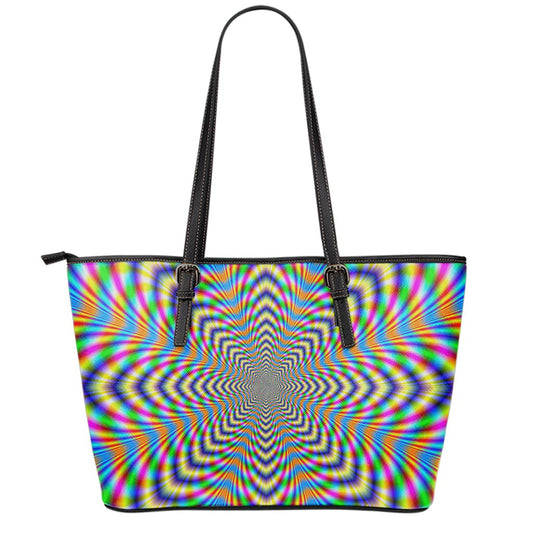 Octagonal Psychedelic Optical Illusion Leather Tote Bag