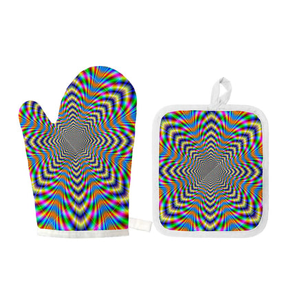 Octagonal Psychedelic Optical Illusion Oven Mitt And Pot Holder Set