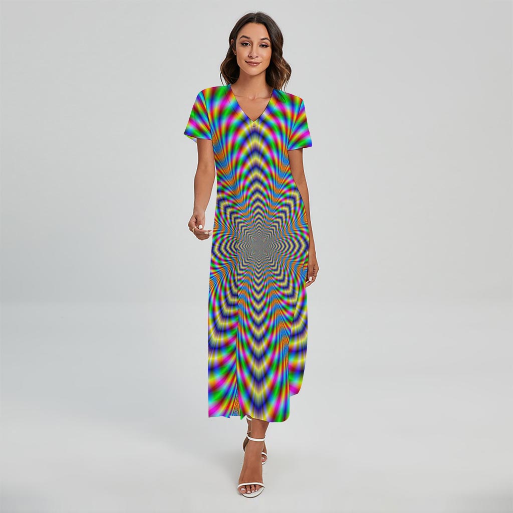 Octagonal Psychedelic Optical Illusion Short Sleeve Maxi Dress