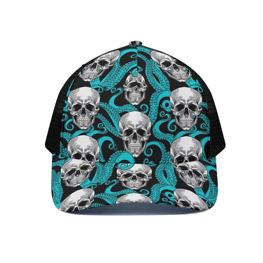 Octopus Tentacles Skull Pattern Print Black Mesh Trucker Cap