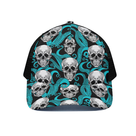 Octopus Tentacles Skull Pattern Print Black Mesh Trucker Cap