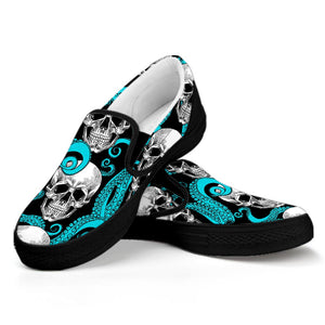 Octopus Tentacles Skull Pattern Print Black Slip On Sneakers