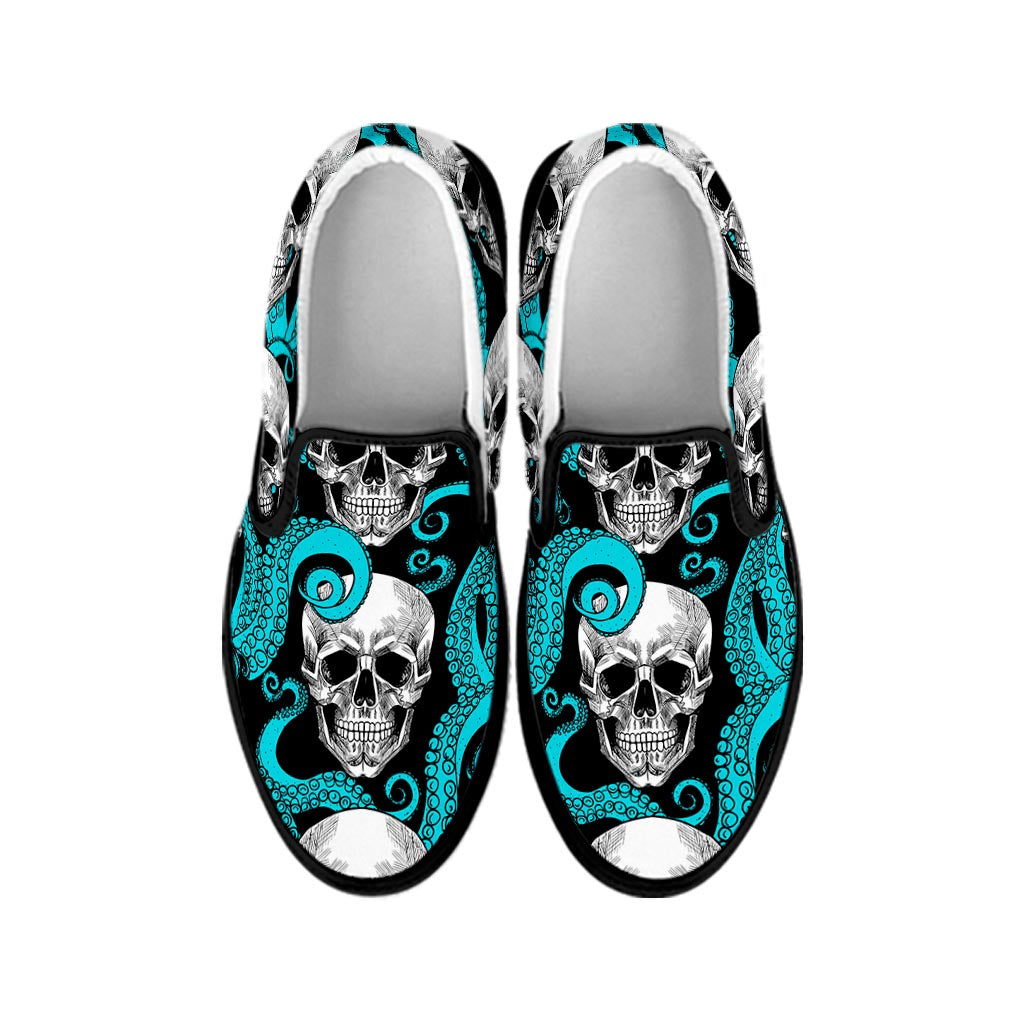 Octopus Tentacles Skull Pattern Print Black Slip On Sneakers