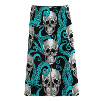 Octopus Tentacles Skull Pattern Print Cotton Front Slit Maxi Skirt