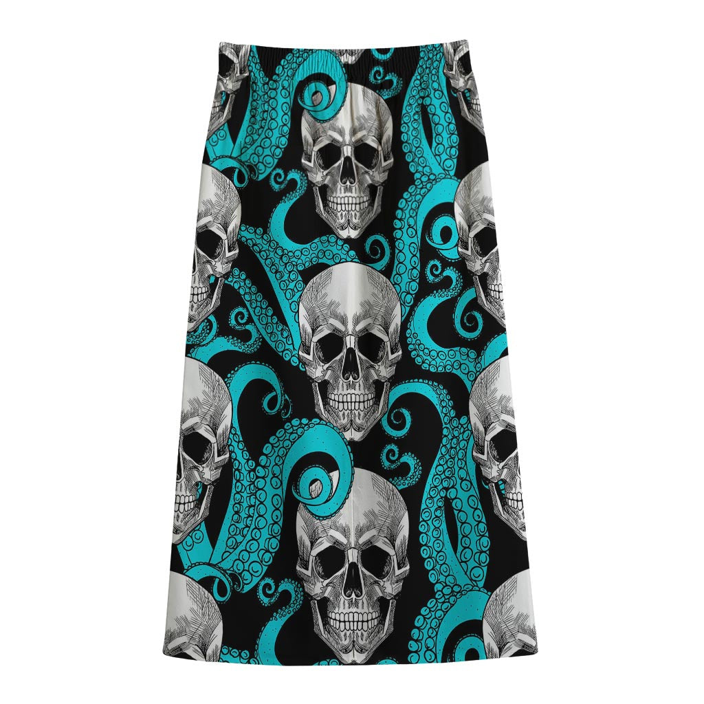 Octopus Tentacles Skull Pattern Print Cotton Front Slit Maxi Skirt