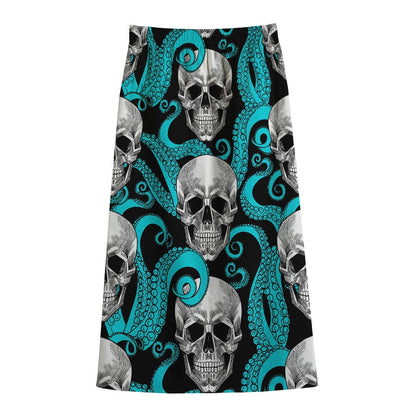 Octopus Tentacles Skull Pattern Print Cotton Front Slit Maxi Skirt
