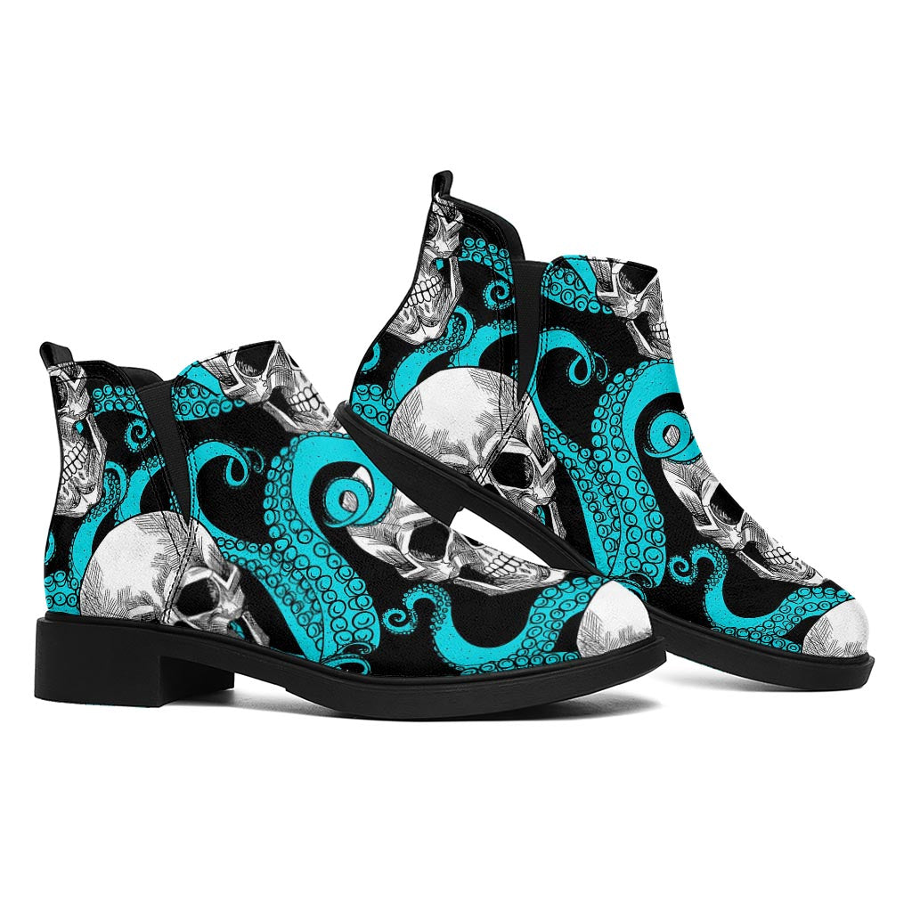 Octopus Tentacles Skull Pattern Print Flat Ankle Boots