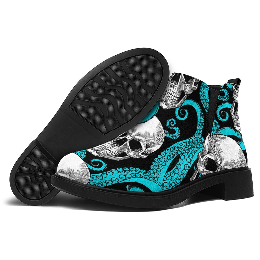 Octopus Tentacles Skull Pattern Print Flat Ankle Boots