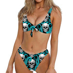 Octopus Tentacles Skull Pattern Print Front Bow Tie Bikini
