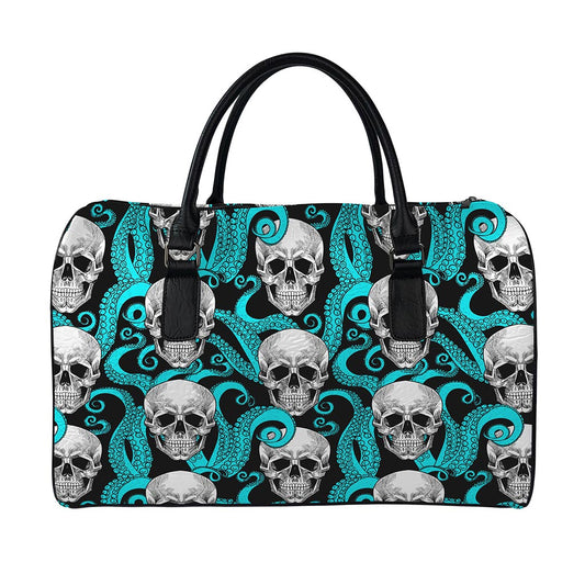 Octopus Tentacles Skull Pattern Print Leather Duffle Bag