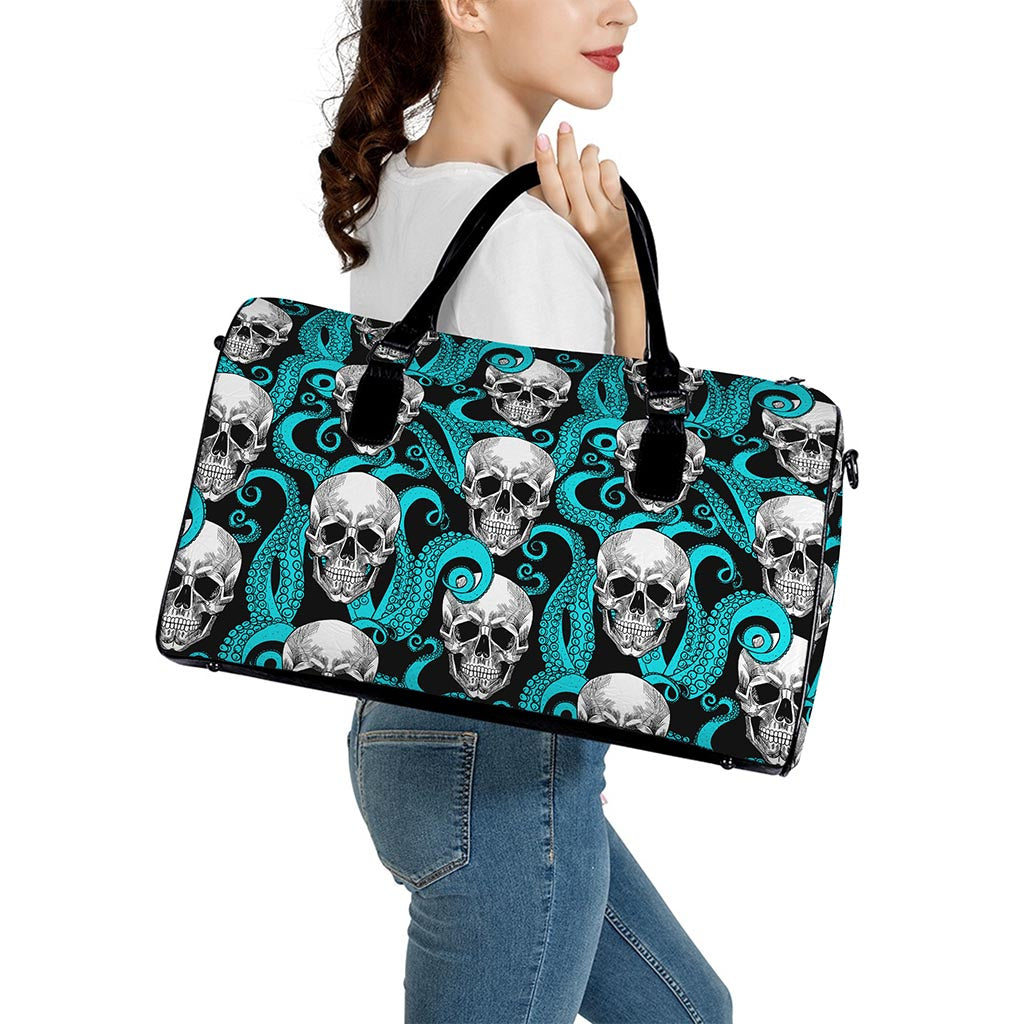 Octopus Tentacles Skull Pattern Print Leather Duffle Bag