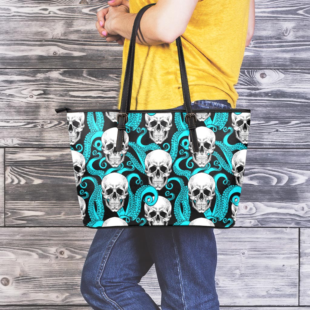 Octopus Tentacles Skull Pattern Print Leather Tote Bag