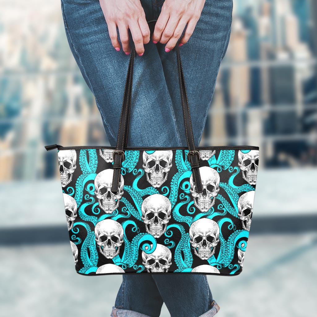 Octopus Tentacles Skull Pattern Print Leather Tote Bag