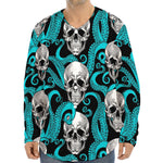 Octopus Tentacles Skull Pattern Print Long Sleeve Baseball Jersey