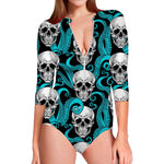 Octopus Tentacles Skull Pattern Print Long Sleeve Swimsuit