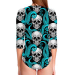 Octopus Tentacles Skull Pattern Print Long Sleeve Swimsuit