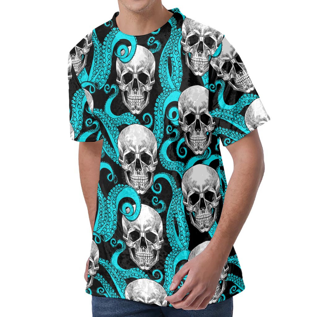 Octopus Tentacles Skull Pattern Print Men's Velvet T-Shirt