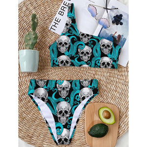 Octopus Tentacles Skull Pattern Print One Shoulder Bikini Top