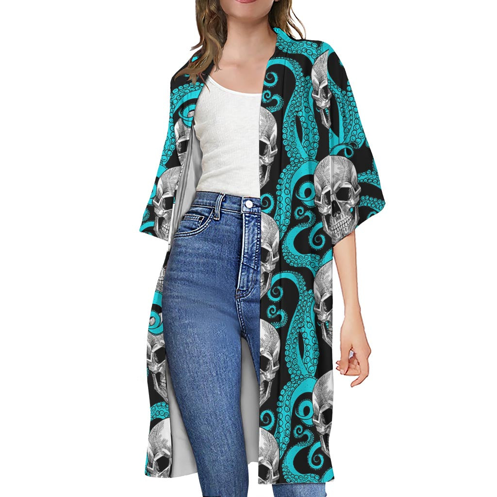 Octopus Tentacles Skull Pattern Print Open Front Beach Cover Up