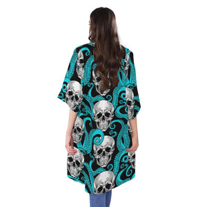 Octopus Tentacles Skull Pattern Print Open Front Beach Cover Up