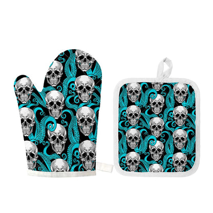 Octopus Tentacles Skull Pattern Print Oven Mitt And Pot Holder Set