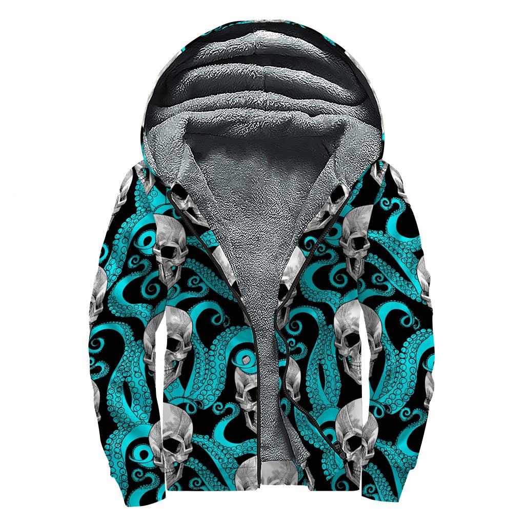 Octopus Tentacles Skull Pattern Print Sherpa Lined Zip Up Hoodie