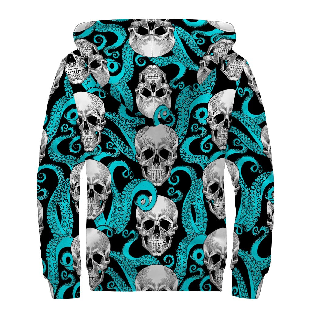 Octopus Tentacles Skull Pattern Print Sherpa Lined Zip Up Hoodie