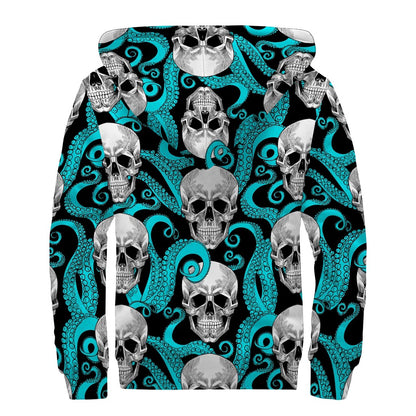 Octopus Tentacles Skull Pattern Print Sherpa Lined Zip Up Hoodie