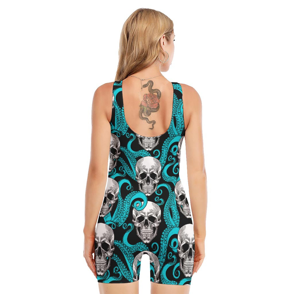 Octopus Tentacles Skull Pattern Print Sleeveless One Piece Swimsuit