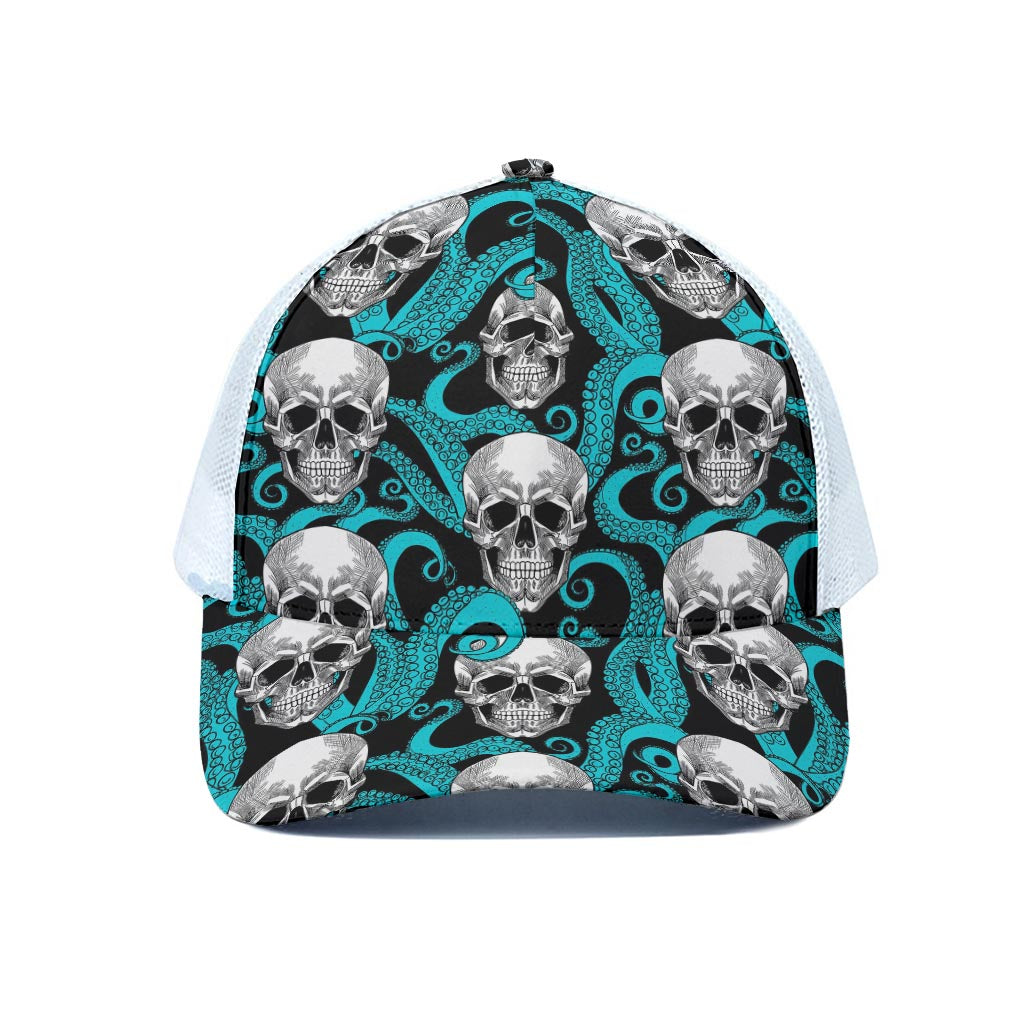 Octopus Tentacles Skull Pattern Print White Mesh Trucker Cap