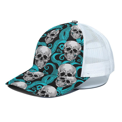 Octopus Tentacles Skull Pattern Print White Mesh Trucker Cap