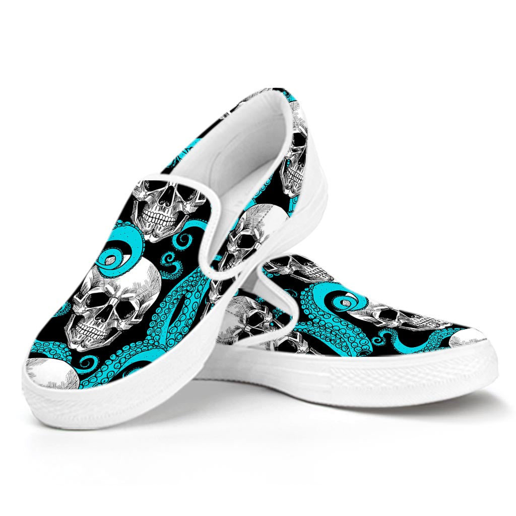 Octopus Tentacles Skull Pattern Print White Slip On Sneakers