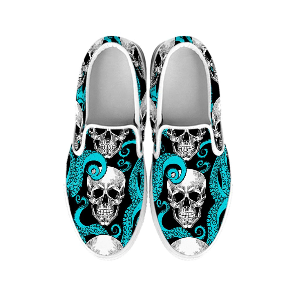 Octopus Tentacles Skull Pattern Print White Slip On Sneakers
