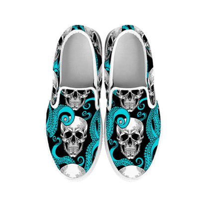 Octopus Tentacles Skull Pattern Print White Slip On Sneakers