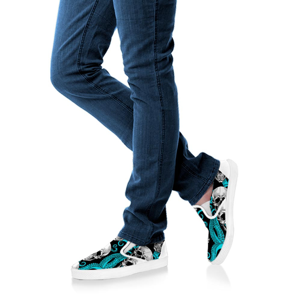 Octopus Tentacles Skull Pattern Print White Slip On Sneakers