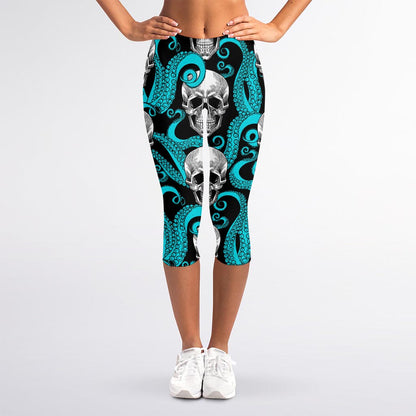 Octopus Tentacles Skull Pattern Print Women's Capri Leggings