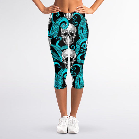 Octopus Tentacles Skull Pattern Print Women's Capri Leggings