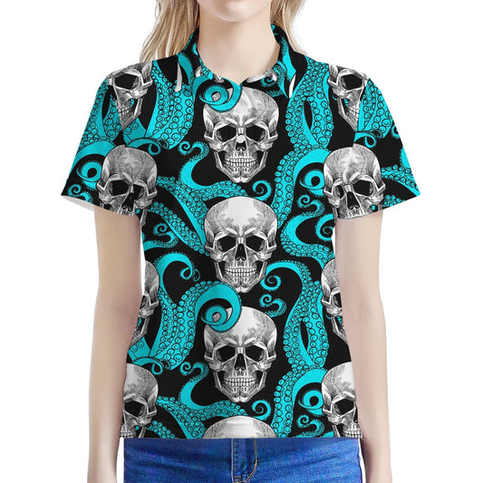 Octopus Tentacles Skull Pattern Print Women's Polo Shirt
